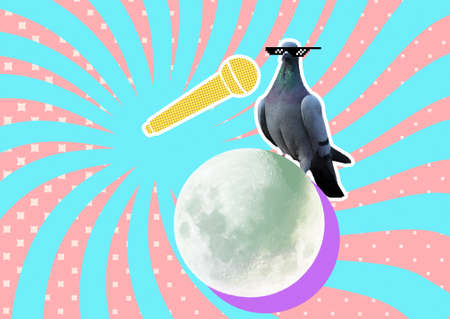 contemporary art collage. A dove in glasses sits on the moon. Bright surreal poster with a bird and a microphone.の写真素材