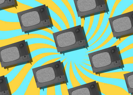 Pattern with old TVs on a yellow psychedelic background. retro art collage.の写真素材