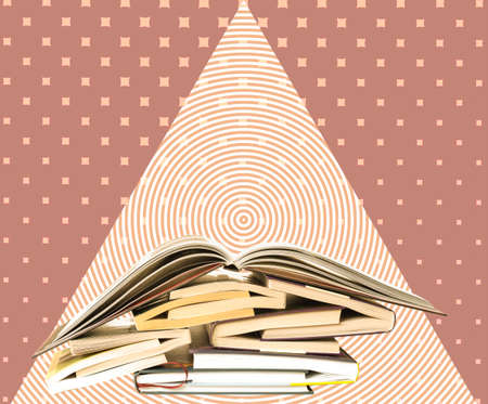 Art collage with a stack of books on a retro background. Library, education concept