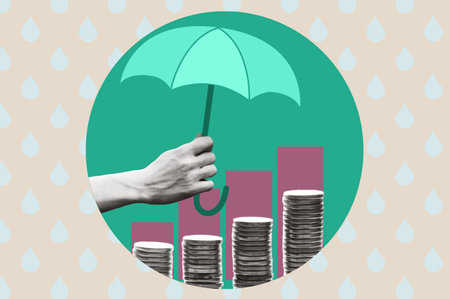 The hand holds a small umbrella over a pile of coins on the table. The concept of financial security and investment. art collage.の写真素材