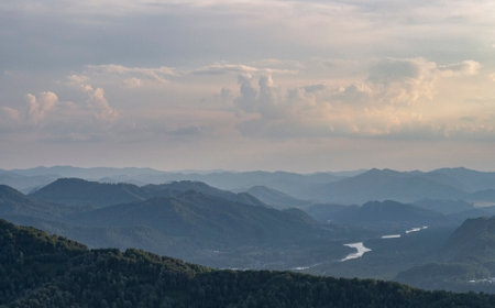 mountain landscape. View of the mountains and the river from above. Altai Republic, Russia.の写真素材