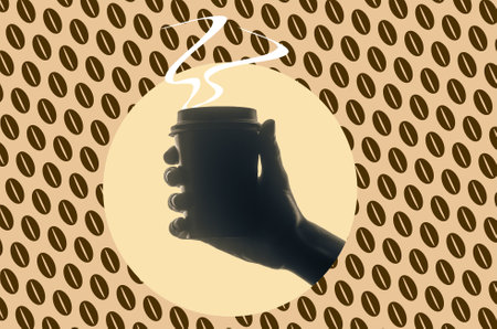 A woman's hand holds a glass of coffee against the background of coffee beans. art collage.の写真素材