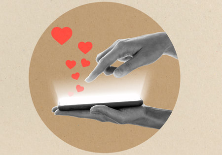 A woman's hand is holding a phone. modern art collage. Likes
