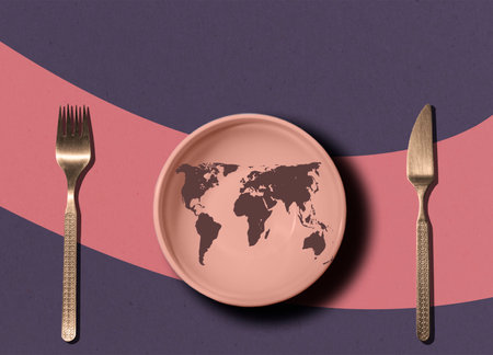 empty plate and cutlery on the background of the world map. art collage. Global crisis, food supply problem. Conceptual message, starvation and famine issue. Hunger diet conceptの写真素材