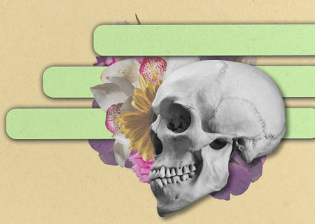 Skull with flowers. Modern art collage with copy spaceの写真素材