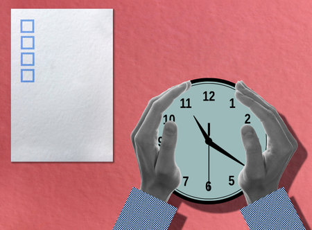 Hands hold a clock. A sheet of paper with a questionnaire on a pink background. contemporary art collage. copyspace.の写真素材