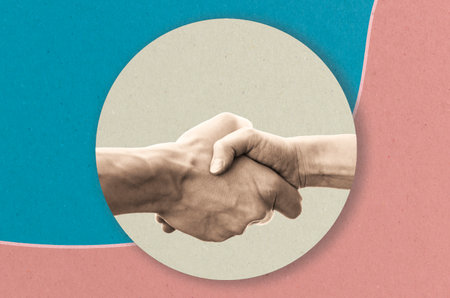 Female and male hands isolated retro background showing handshake gesture, greetings. art collage. copyspace.の写真素材