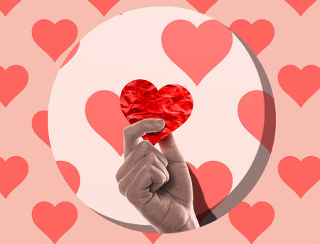 Hands holding a paper heart. Modern art collage in gentle pink tones. copyspace.