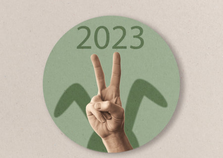The hand shows a rabbit. modern art collage. The concept of celebrating the new year 2023.の写真素材