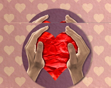 Hands holding a paper heart. Modern art collage in gentle pink tones. copyspace.の写真素材