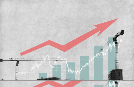 modern art collage. Construction cranes on the background of the growth graph. The concept of success, profit in construction.の写真素材