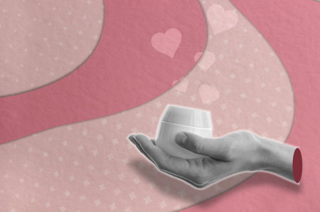 Hand holds cosmetics in hand on a pink background.Art collage in retro style. cosmetic product mockupの写真素材
