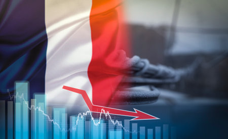 Power line covered with frost on the background of the flag of France. Energy crisis concept with infographics. copyspace.の写真素材