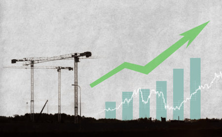 modern art collage. Construction cranes on the background of the growth graph. The concept of success, profit in construction.の写真素材