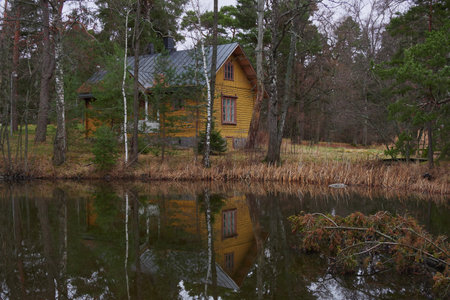 Finland, Helsinki - November 13, 2021. Seurasaari Island in Finnish Helsinki: autumn, yellow house near pond.のeditorial素材