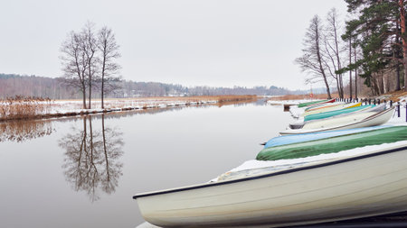 Nature of Northern Europe, Tuusula Lake, early spring, light fog, calm, reflection in the water.の写真素材