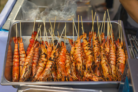 Tiger Prawn Barbecue on street food Market, Shrimps BBQの写真素材