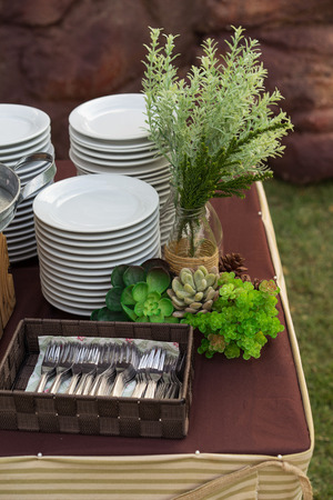 Decorated wedding table in the parkの写真素材