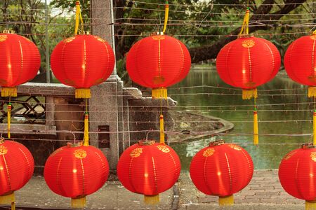 Chinese lanterns with lake and nature backgroundの写真素材