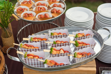 Catering outdoor food party, Decorated table with plates, canape from sausages and flowers.の写真素材