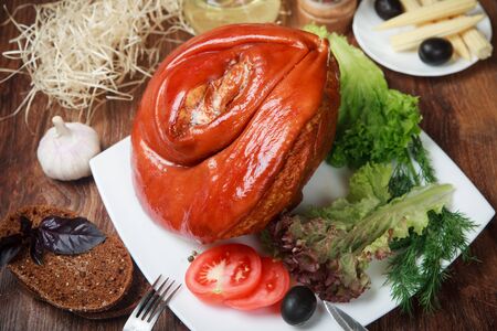 Lunch salad with grilled sausage and fresh vegetables.の写真素材