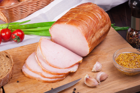 Meat and sausages Set of fresh and prepared meat. Beef, pork, salted lard and bologna and salami sausages.の写真素材