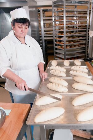 Smiling male baker pouring flour in kneading machine at bakeryの写真素材