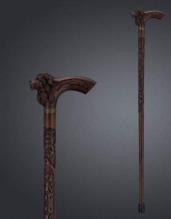 Walking stick and crutches with a handle in the form of a lion. High quality photoの写真素材