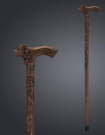 Walking stick and crutches with a handle in the form of bear. High quality photoの写真素材