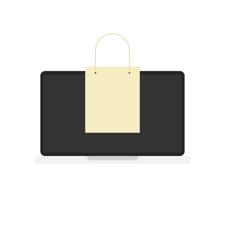 laptop with bag. Internet buying. White background. Marketing icon. Buy illustration. Flat design. EPS 10.のイラスト素材