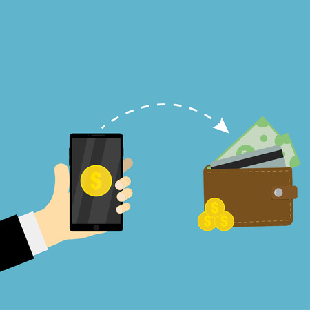 Wallet with gold monets. Cash or payment illustration. Internet payment. Internet transaction. Internet paid. Internet wallet. Dollar wallet.のイラスト素材