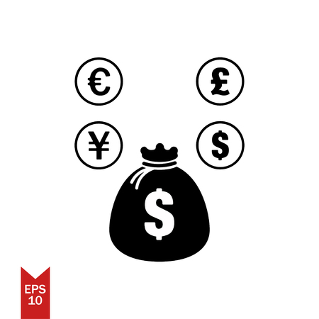 Vector icon of money bag with shadow dollar sign black color EPS 10 full of money bag coins of dollar pound euro uangのイラスト素材
