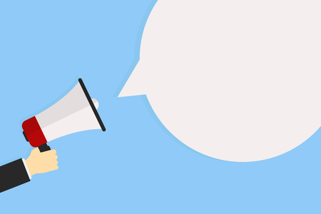 Hand holding megaphone announce media social speech speaker with promotion place. Flat design EPS 10のイラスト素材