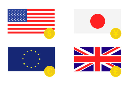 Flags USA Japan Europe Great Britain golden coins yen dollar pound euro exchange. Flat design EPS 10のイラスト素材