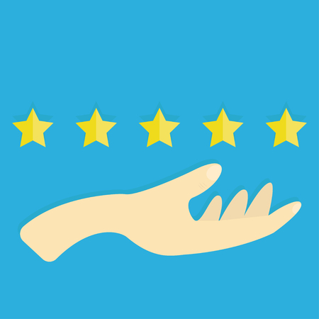 Hand holding 5 golden or yellow stars banner star customer symbol of serviceのイラスト素材
