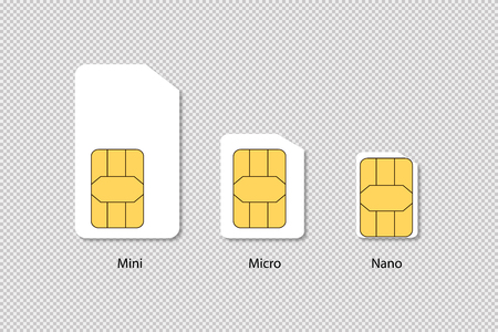 Sim cards isolated. Mini micro nano technology. Phone chip with shadow on transparent background.のイラスト素材