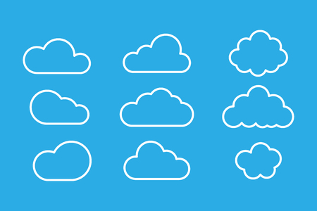 Set of clouds isolated on blue background. Weather signs. White paper stickers. Collection of clouds icon. EPS 10のイラスト素材