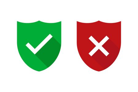 Two green and red shields with checkmark and cross isolated. Security or safe sign. Internet defence symbol. Web technology secure iconのイラスト素材