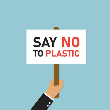 Hand holding placard. Illustration protest with say no plastic banner or board on blue background.のイラスト素材
