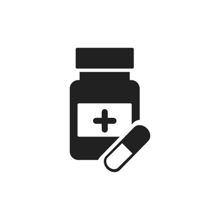 Medicine icon isolated on white background. Healthy symbol. Bottle with pill. Medicament and capsule.のイラスト素材