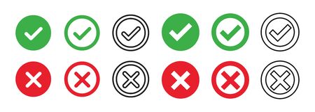 check cross red green isolated vector icons. Flat illustration with red check cross on white background. Green tick, red cross. Flat vector icon. Black check mark icon. Vote symbol tick. EPS 10のイラスト素材