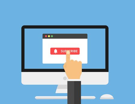 Computer with browser window with button subscribe. Hand point on button subscribe. Social media element. Vector web element. Social media channel.のイラスト素材