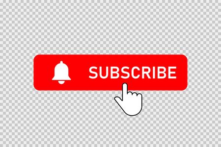 Subscribe red button with bell and hand clicking cursor. Subscribe button with bell and pointer.のイラスト素材
