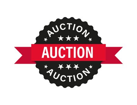 Auction sign or tag with red ribbon vector isolated. Business vector illustration. Auction red band sign. Banner sale tag. Vector emblem.のイラスト素材