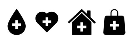 Medicine set of icons. Drop heart house and bag with medicine cross isolated on white background. Medical care icons. Ambulance doctor. Clinic building. EPS 10のイラスト素材