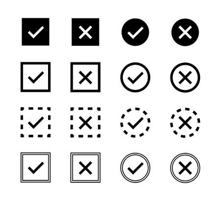 Check mark, cross icon. Vector isolated elements, icons, signs. Tick check mark black icons. Stock vector. EPS 10のイラスト素材