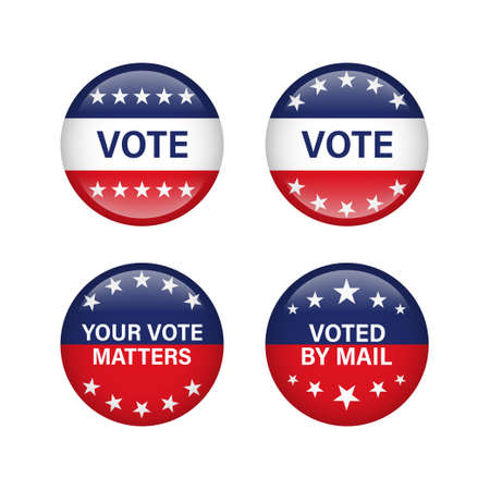 Vote on election day. Vector isolated sticker buttons elemets. Democracy presidential election and voting poll concept. Stock vector.のイラスト素材