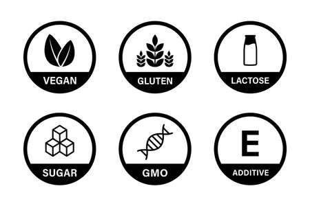 Product nutrition signs collection. Gluten, vegan, sugar, gmo, lacotose organic sign. Allergy product symbol collection.のイラスト素材
