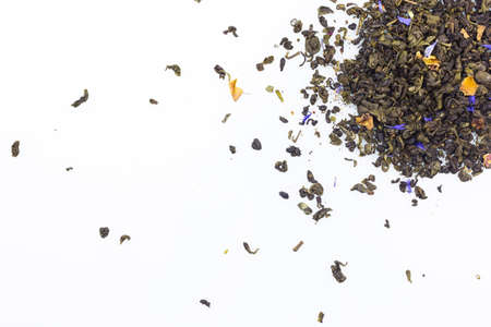 green tea leaves on a white background close upの写真素材