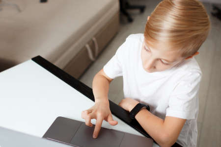 a child with a laptop online training at home in quarantineの写真素材